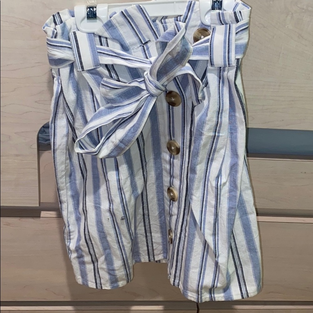 blue & white striped skirt with buttons & bow